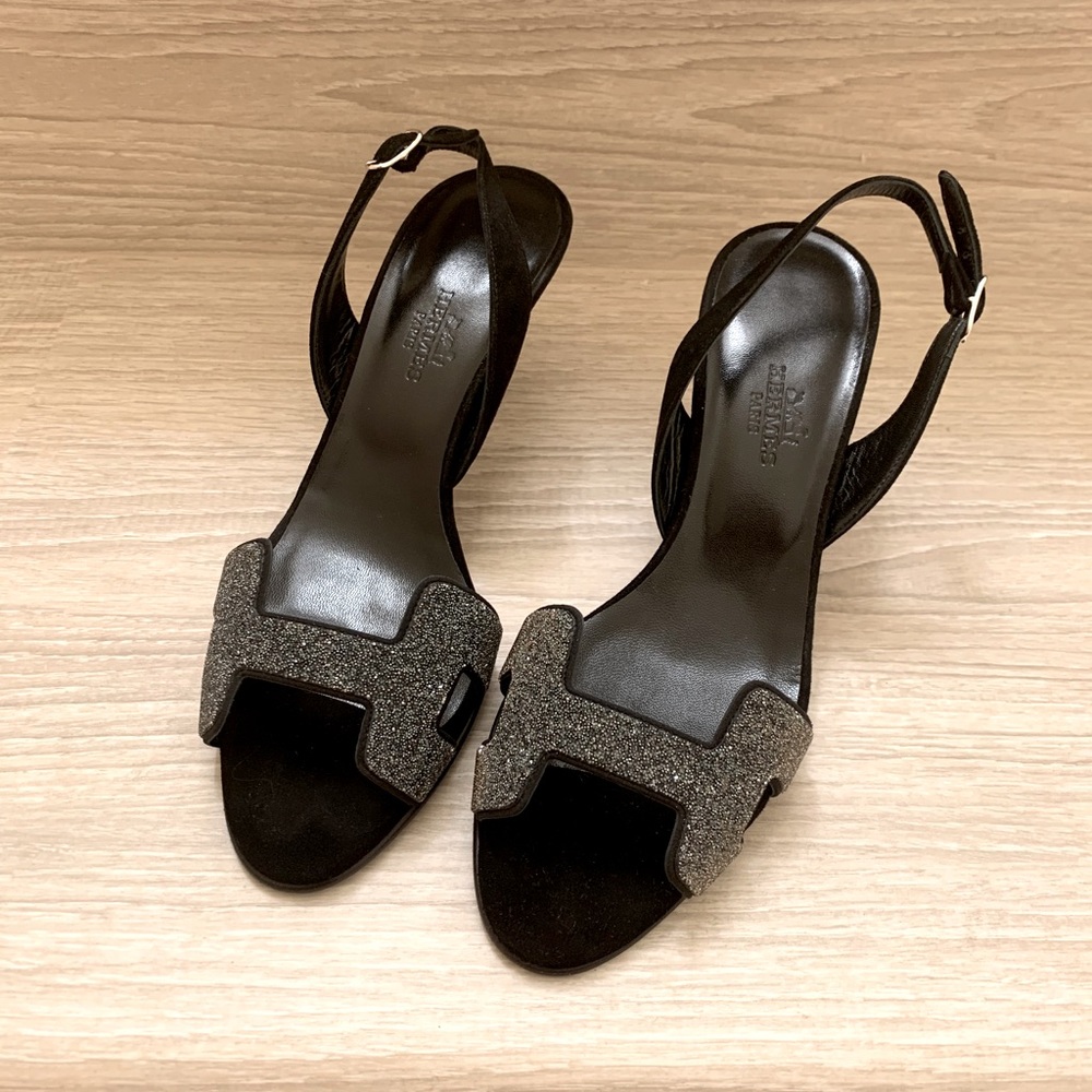 Hermes Black Night Crystal Sandals 35.5